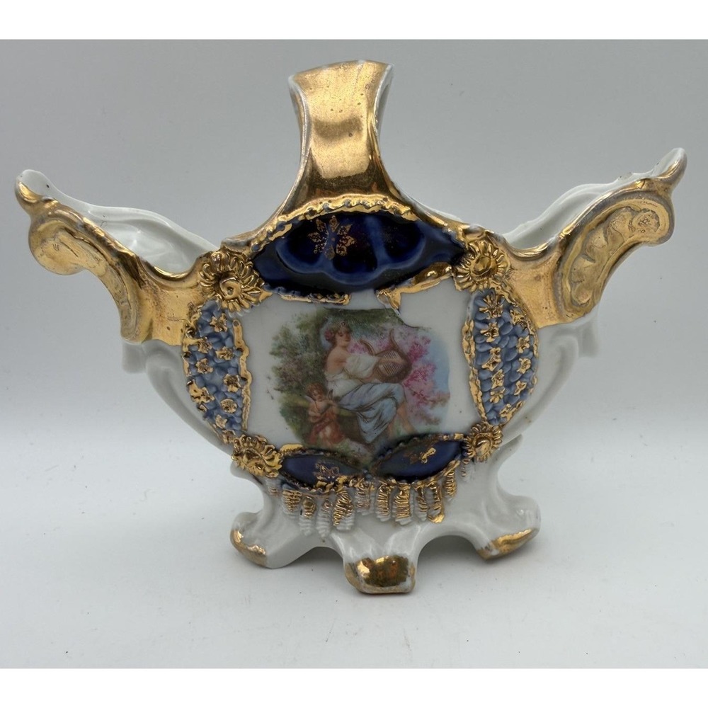 Antique‎ German Porcelain Mini Vase Urn Cherub Scene Gold Gilt Blue Victorian